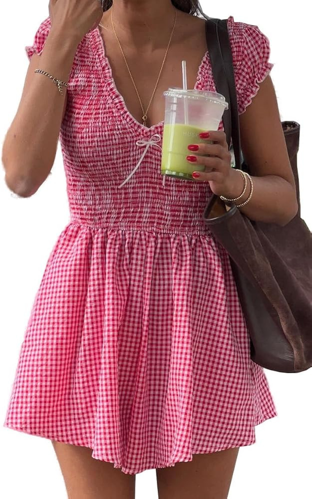 Womens Summer Gingham Rompers V Neck Puff Sleeve Smocked Wide Leg Plaid Shorts Dressy Jumpsuits | Amazon (US)