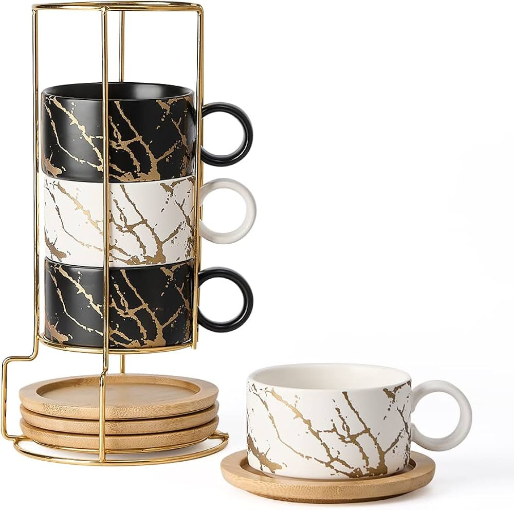 LUKA Porcelain Espresso Cup with Metal Stand, 6 Ounce Stackable Ceramic Demitasse Espresso Mugs C... | Amazon (US)