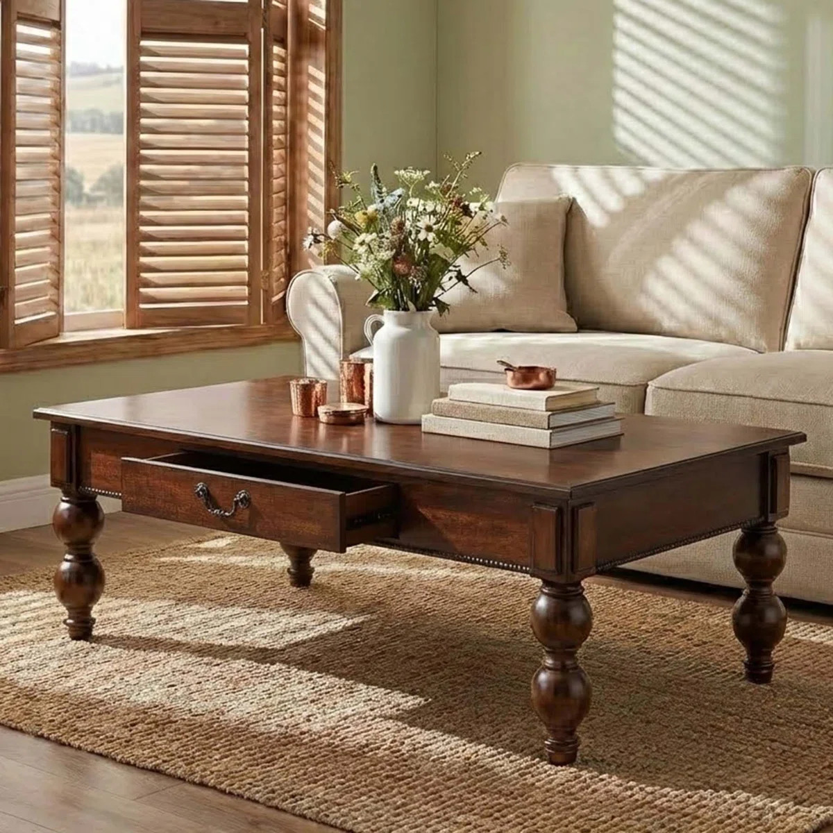 Vintage Farmhouse Coffee Table with Storage Drawer and Solid Wood Turned Legs for Living Room | Wayfair North America