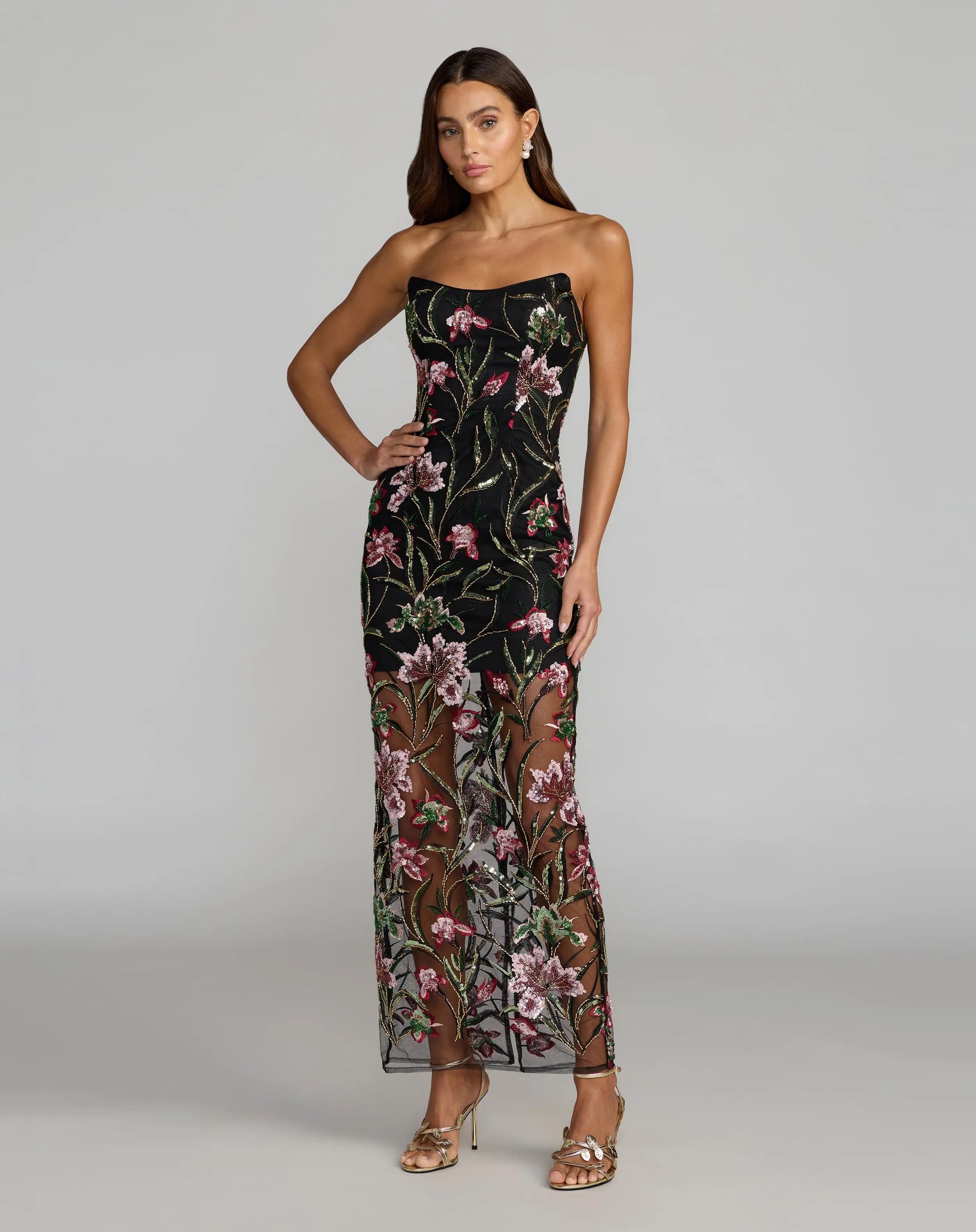 Black Strapless Floral Embroidered Column Dress - Black Multi / US 8 | Mac Duggal