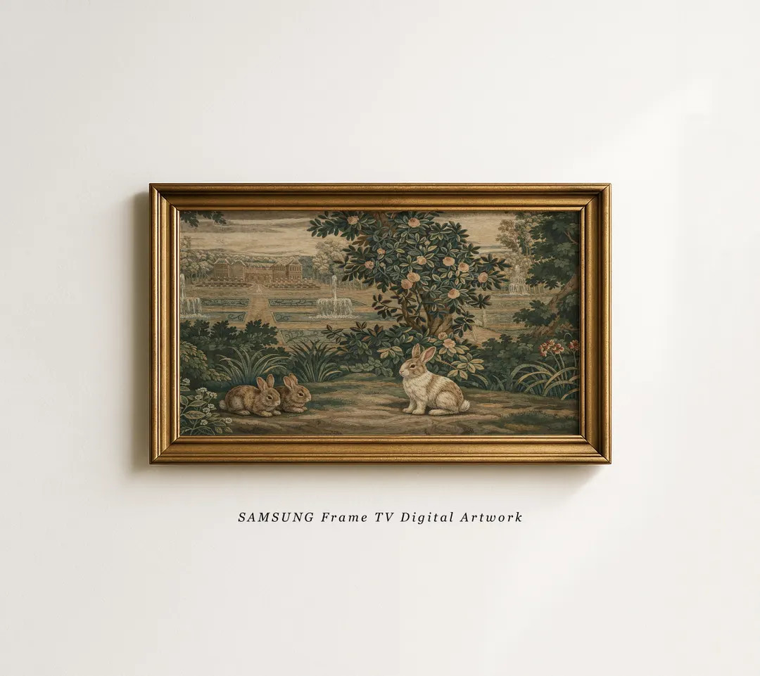 Vintage French Forest Tapestry Samsung Frame TV Art: Spring Woodland Bunnies | Etsy (US)