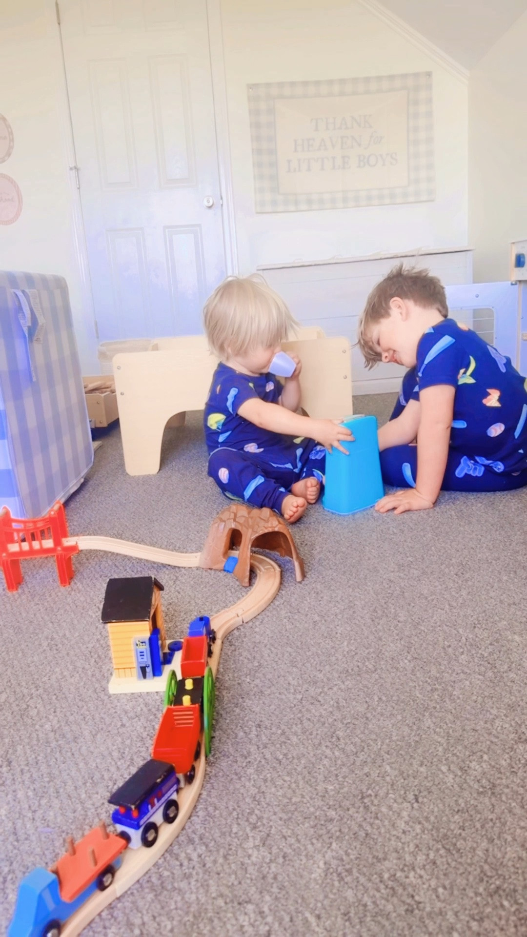 Coffee cheers ☕️ & Cowboy 🤠 horsie 🐴 riding “giddy up” fun 🤩 around here in the farmhouse 🌳 playroom 🫶🏽 - I always dreamed of having special space for my babies 👶🏼 to play like this!!!! 🥰