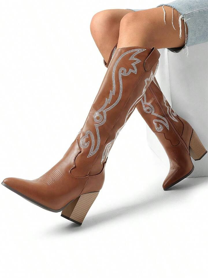 Cowboy Boots For Women, Comfortable Pull On Zipper Chunky Heel Pointed Toe Embroidered Western Co... | SHEIN