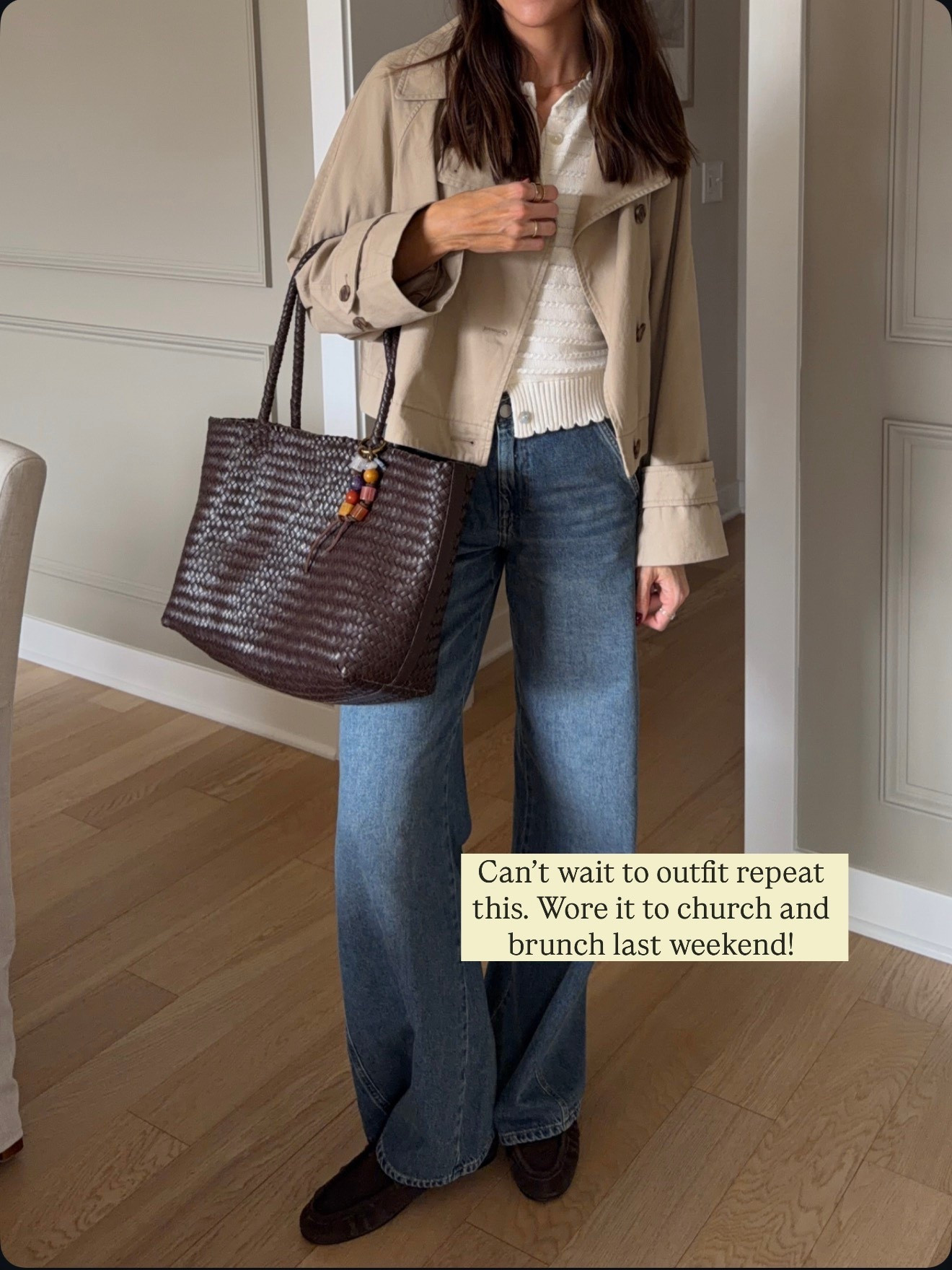 Cropped trench: tts (S)
Cardigan: tts (S)
Jeans: tts (26) 5’7” 
Loafer mules: tts, size down if between 

#LTKootd #LTKSaleAlert #LTKmomlife