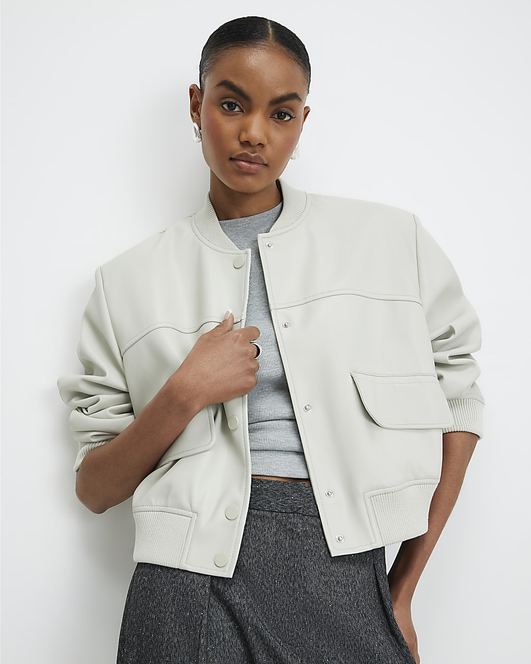 Cream Faux Leather Cropped Bomber Jacket | River Island UK & IE