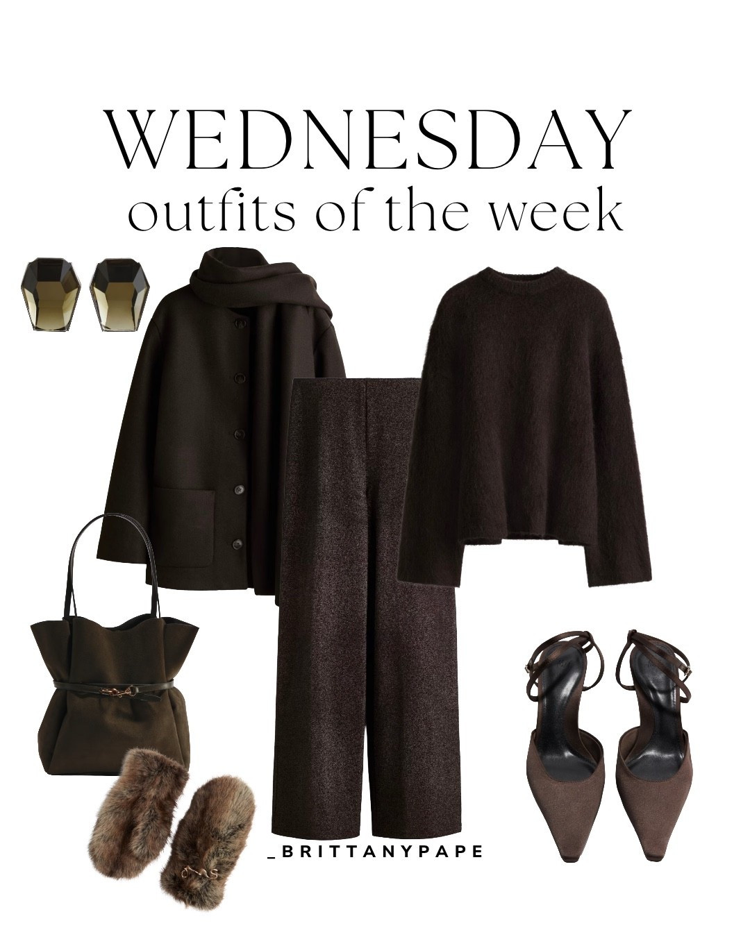 Outfit of the week-Wednesday 

Womens winter outfits for casual everyday wear, datenight, errands and lounging around the house   


H&amp;M, brown sweater, women’s sweater, brown pants, work pants, satin pants, brown heels, kitten heels, pointed heels, brown purse, mittens, earrings, Christmas outfit, workwear outfit, business casual outfit, date night outfit, holiday outfit, holiday party, family photos, winter coat, winter jacket, chocolate brown

#LTKHoliday #LTKootd #LTKFindsUnder50