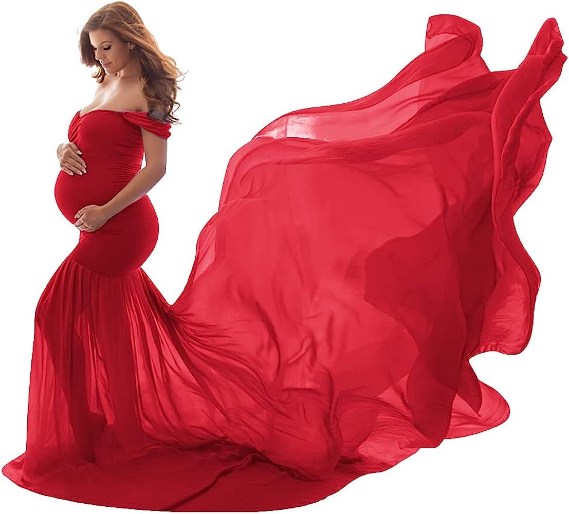 Women Maternity Off Shoulder Mermaid Chiffon Gown V Neck Elegant Fit Long Maxi Photography Baby Show | Amazon (US)