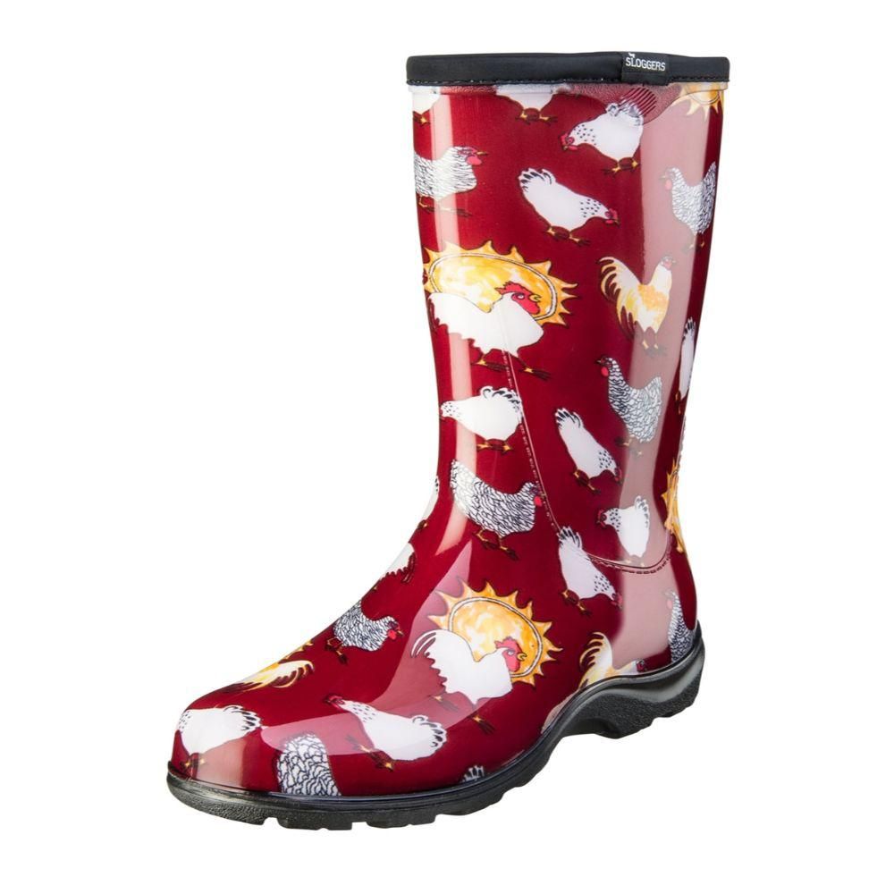 Sloggers Women's Size 8 Barn Red Chicken Print Rain and Garden Boot | The Home Depot