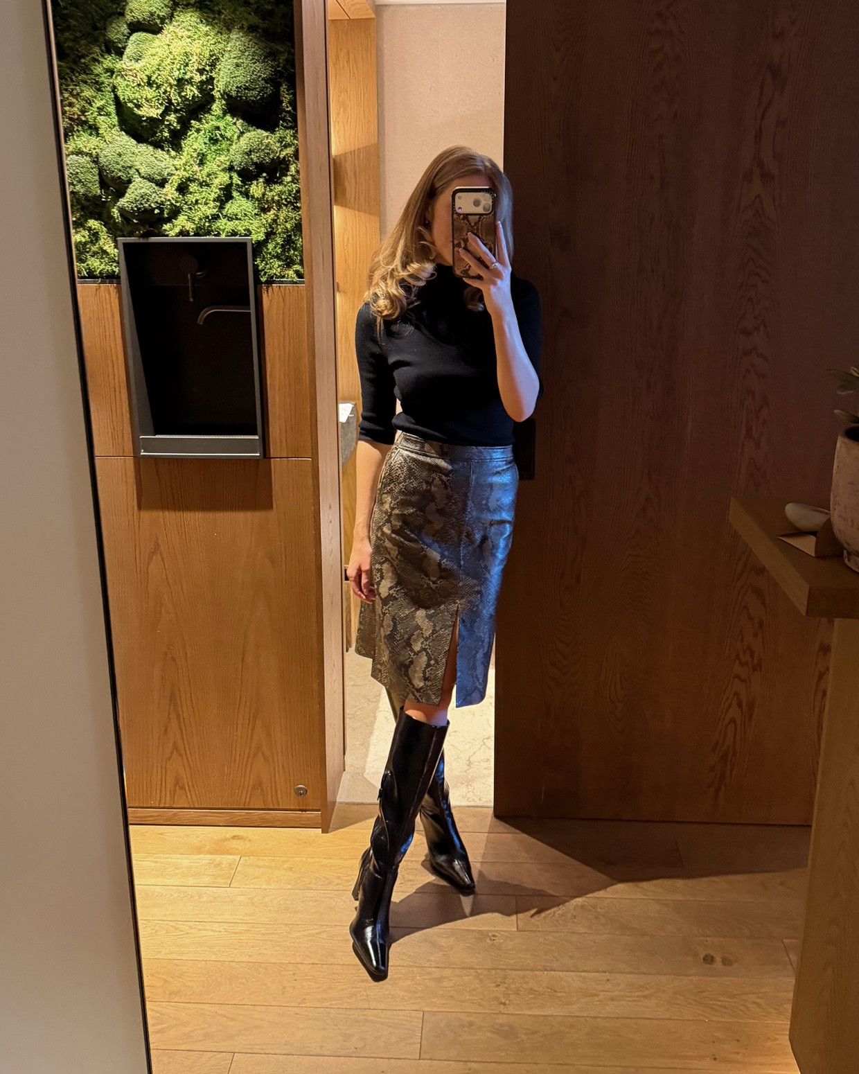 Snake print knee length skirt, animal print, autumn outfit, knee high boots, roll neck