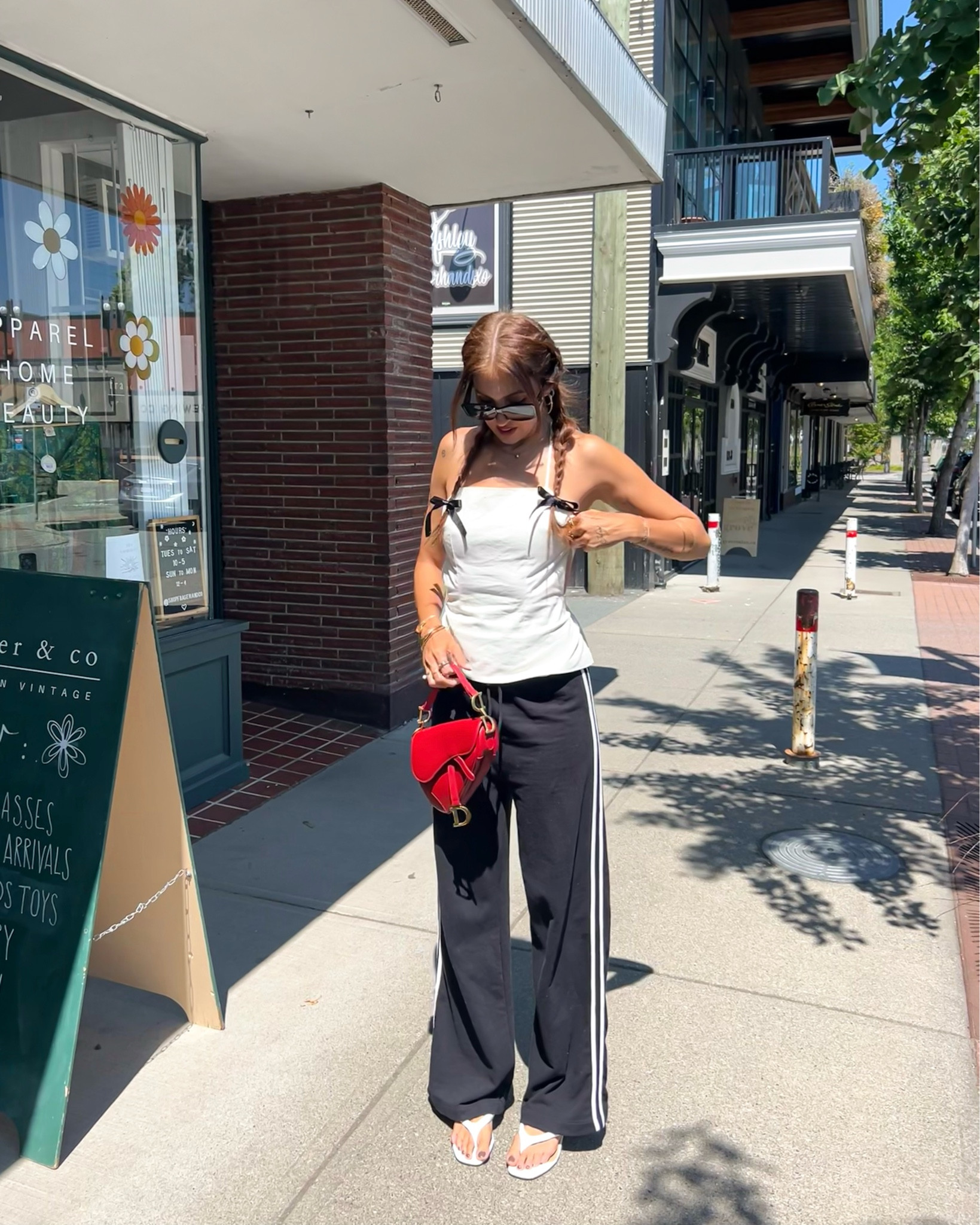 Lounge pants, saddle bag Dior, kitten heel thong, backless top 

#LTKStyleTip