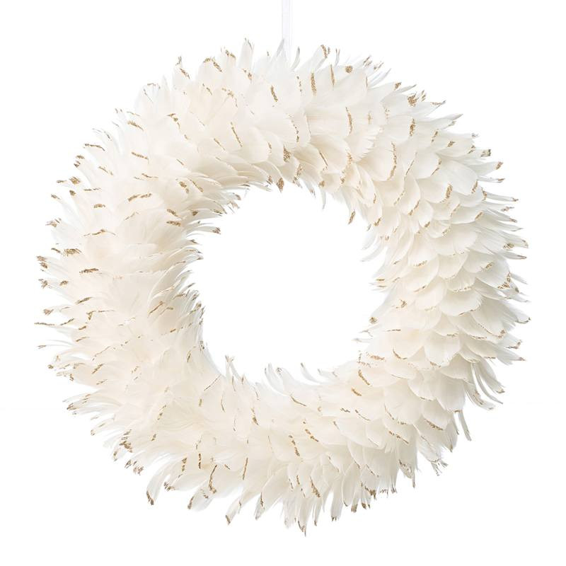 18inH White Feather W Gold Tips Wreath | At Home