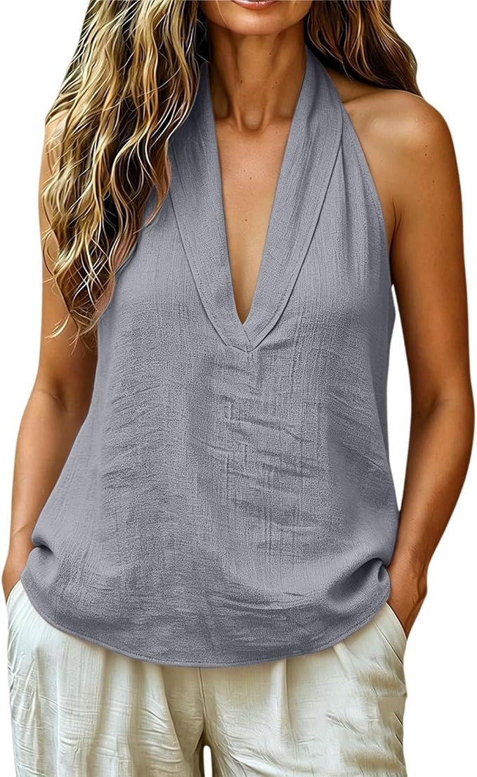 Cotton Linen Halter Tank Tops for Women Summer Sleeveless V Neck Boho Gauze Shirts Casual Beach C... | Amazon (US)
