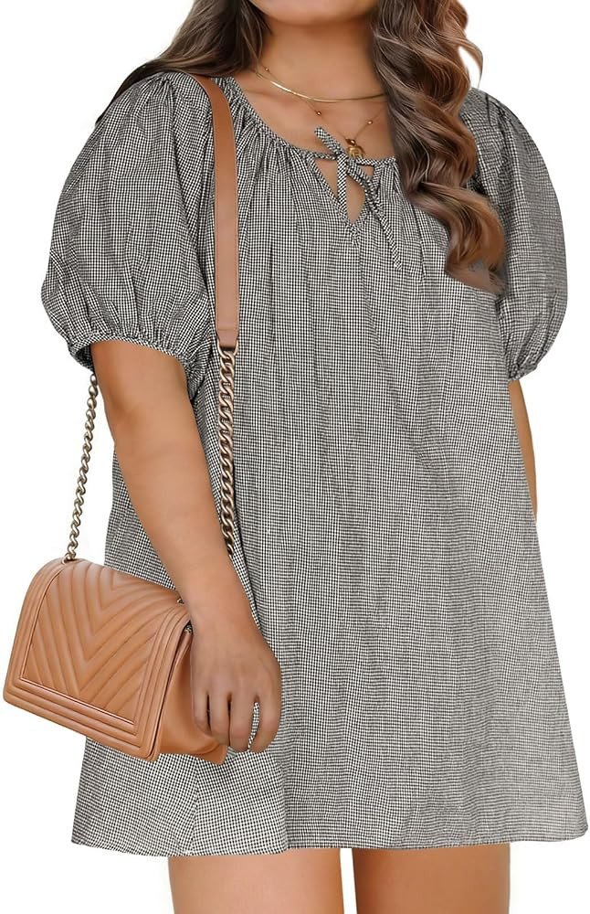 Beautife Women's Plus Size Dress Short Puff Sleeve Scoop Neck Gingham Plaid Short Cotton Babydoll... | Amazon (US)