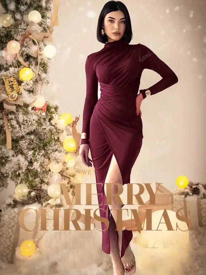 Autumn And Winter New Fashion Style Elegant Mid High Neck Pleated Slit Slim Fit Long Sleeved Dres... | SHEIN