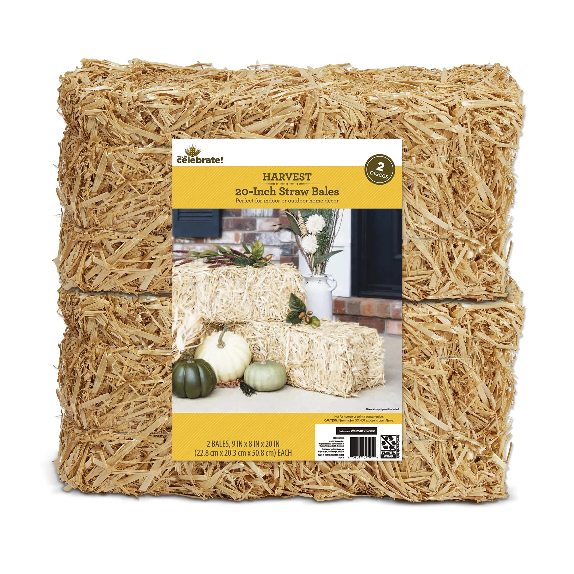 Way to Celebrate! 2 Piece Decorative Straw Bale 8 inch x 9 inch x 20 inch Natural Golden | Walmart (US)