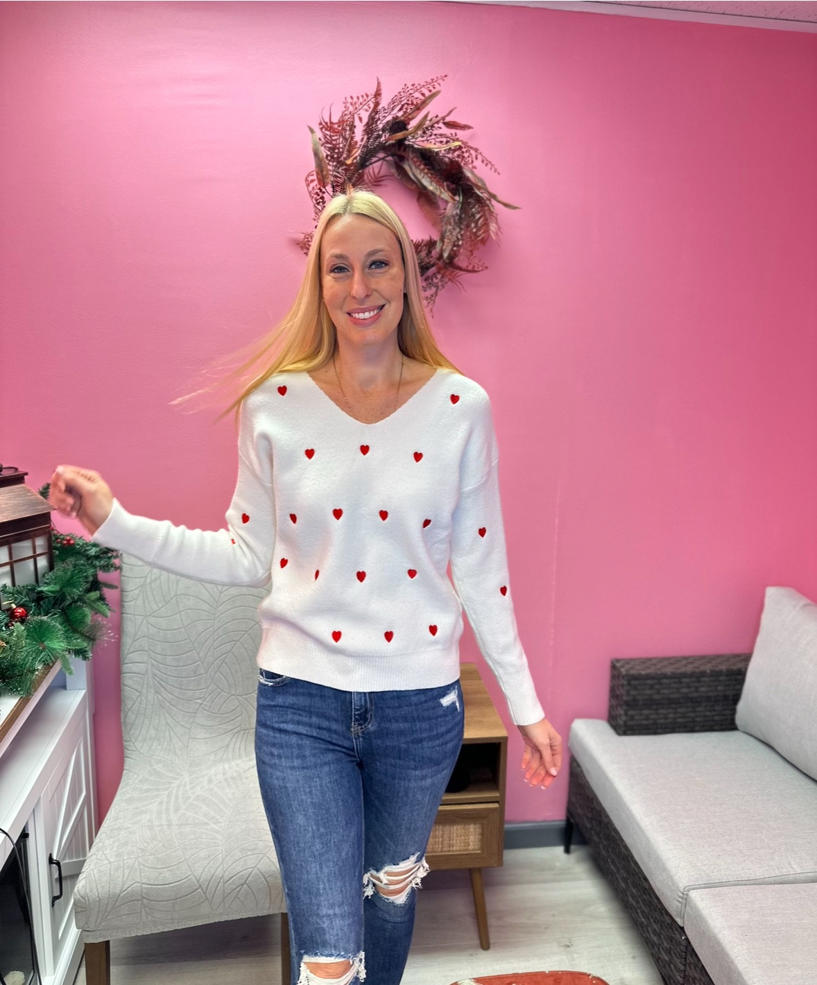 Heart covered sweater 
❤️ a cute sweater to wear through the holidays and valentines 
❤️ it is stretchy and comfy 
❤️ I am wearing size small, fits true to size, I am 5’10”

#LTKTall #LTKFindsUnder100 #LTKFindsUnder50