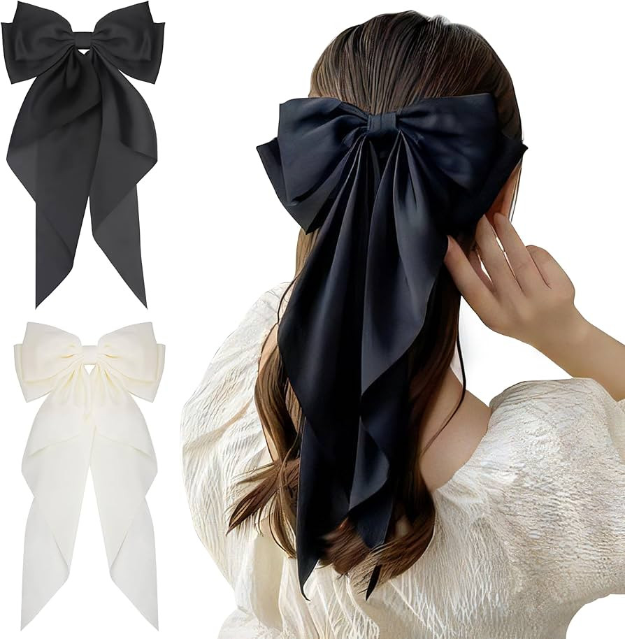 Beayuer Big Bow Hair Clips 2 Pcs Solid Color French Large Bowknot Hairpin with Long Silky Satin T... | Amazon (UK)