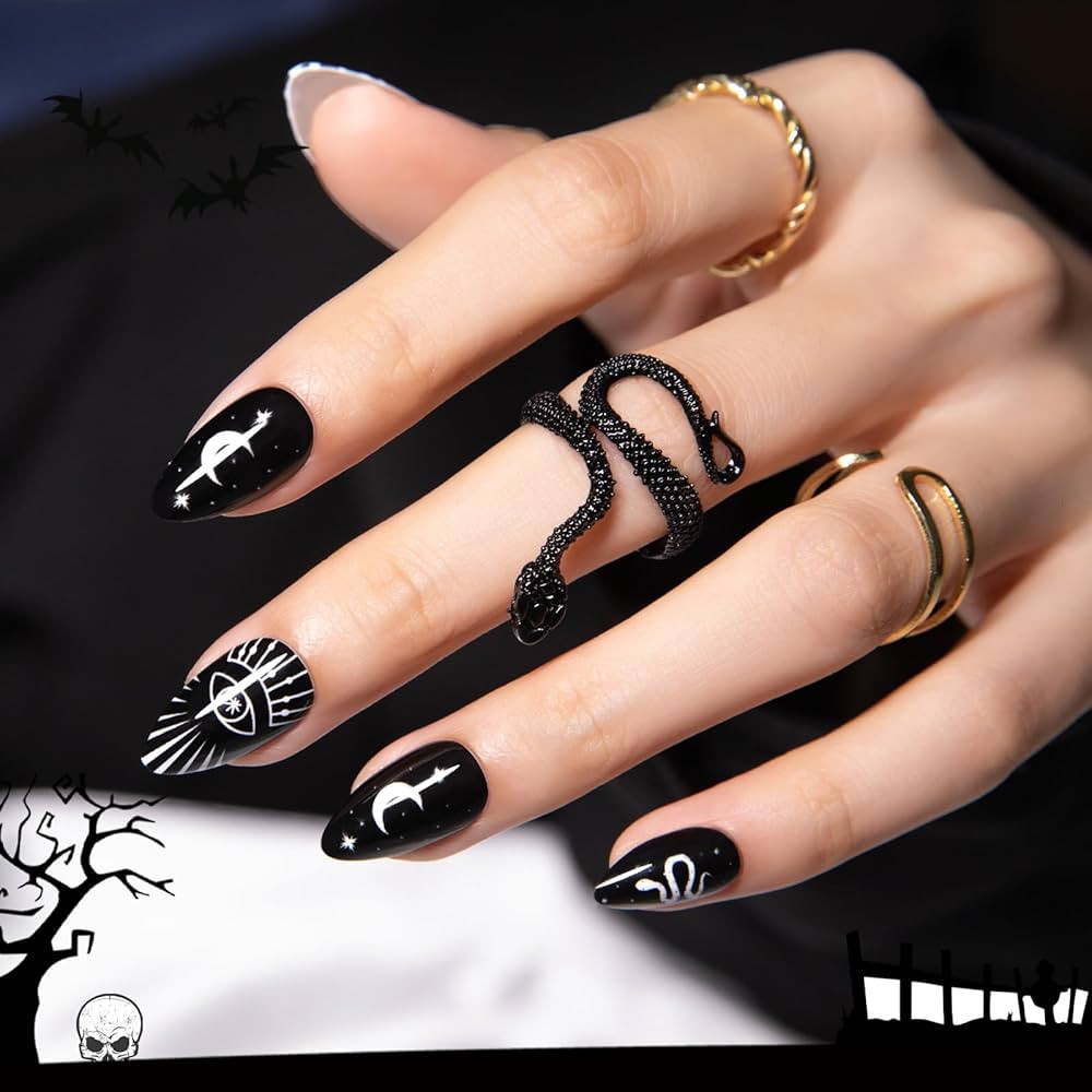 Halloween Press On Nails Short Almond, SHOWMORE Black Goth Fake Nails Medium Snake Stars Moon Wit... | Amazon (US)
