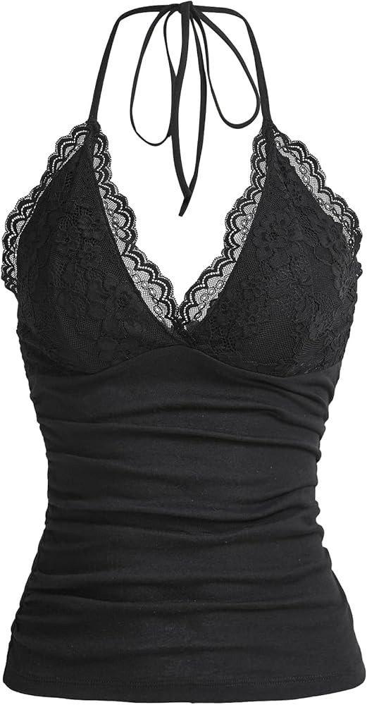 MakeMeChic Women's Halter Top Y2K Lace V Neck Ruched Low Cut Halter Tank Tops Camisole Tops | Amazon (US)