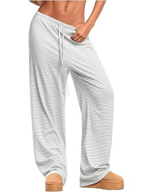 WDIRARA Women's Striped Drawstring Elastic Waist Pants Wide Leg Loose Lounge Pants | Amazon (US)