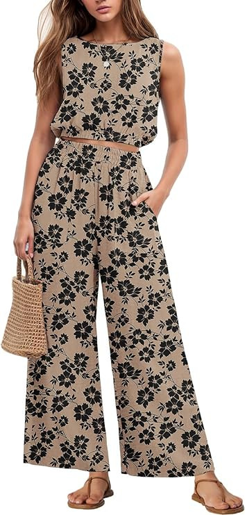 GRECERELLE Two Piece Sets for Women Sleeveless Crop Top Wide Leg Pants Sweat Set for Women Tracks... | Amazon (US)
