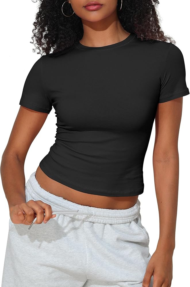 PrettyGuide Women's Crew Neck Short Sleeve Summer Basic Tee Tight Fit Cotton Jersey T Shirt Y2K G... | Amazon (US)