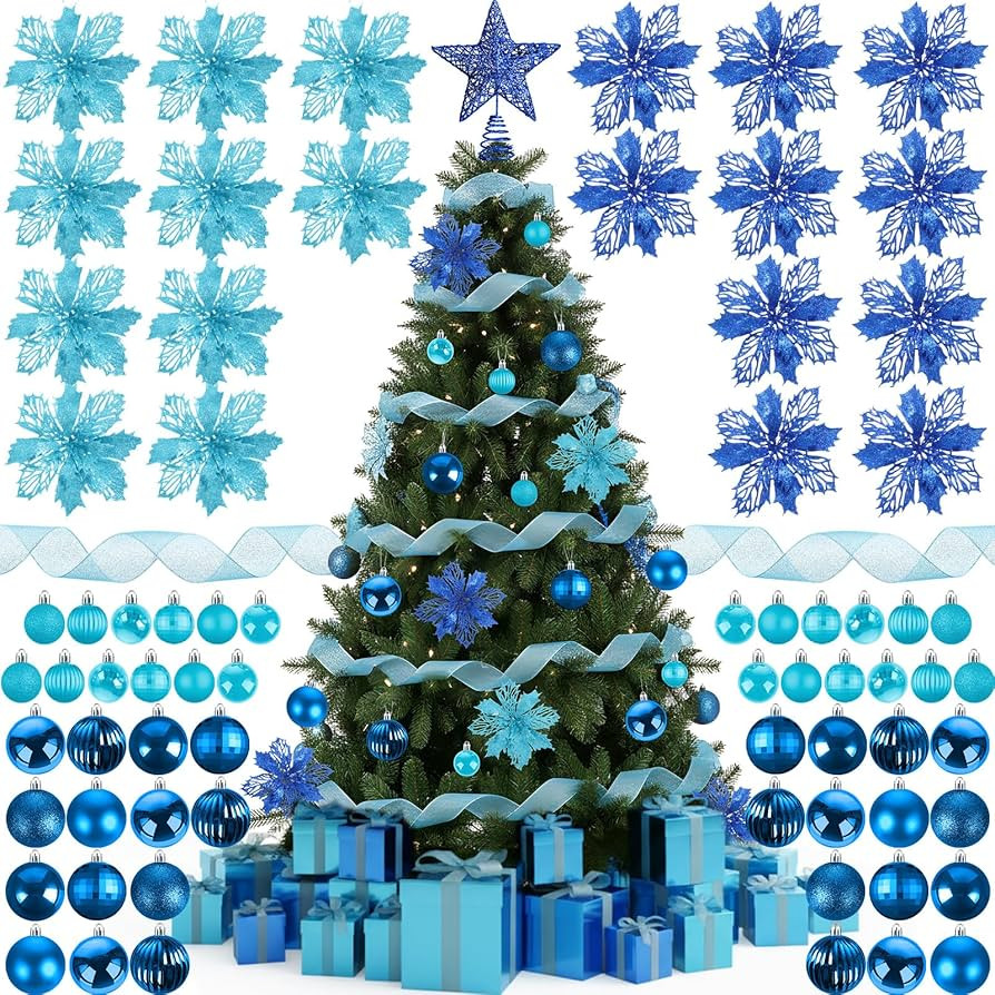 Skylety 104 Pcs Christmas Tree Decorations Set, Blue Christmas Hanging Ornament Ball Tree Star To... | Amazon (US)