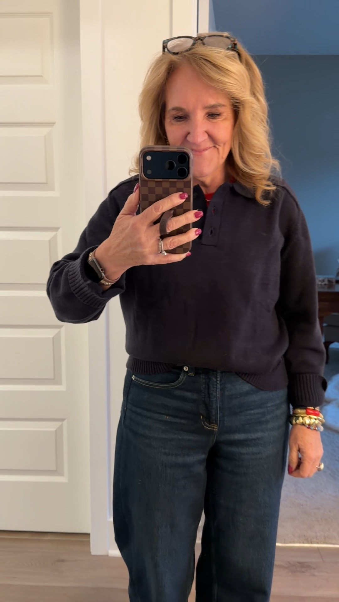 Navy polo sweater size medium. 
Red tee size XL 
Spanx barrel jeans size medium petite 
Sambas haven’t worn these in a whilst. Ooo I’m loving them! 
Go patriots! 
20% off my Allie & Bess pieces 

#LTKOver40 #LTKPetite #LTKootd