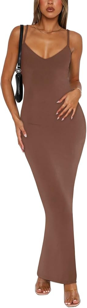 REORIA Women’s Summer Sexy V Neck Slip Long Dresses Adjustable Spaghetti Strap Ribbed Bodycon M... | Amazon (US)