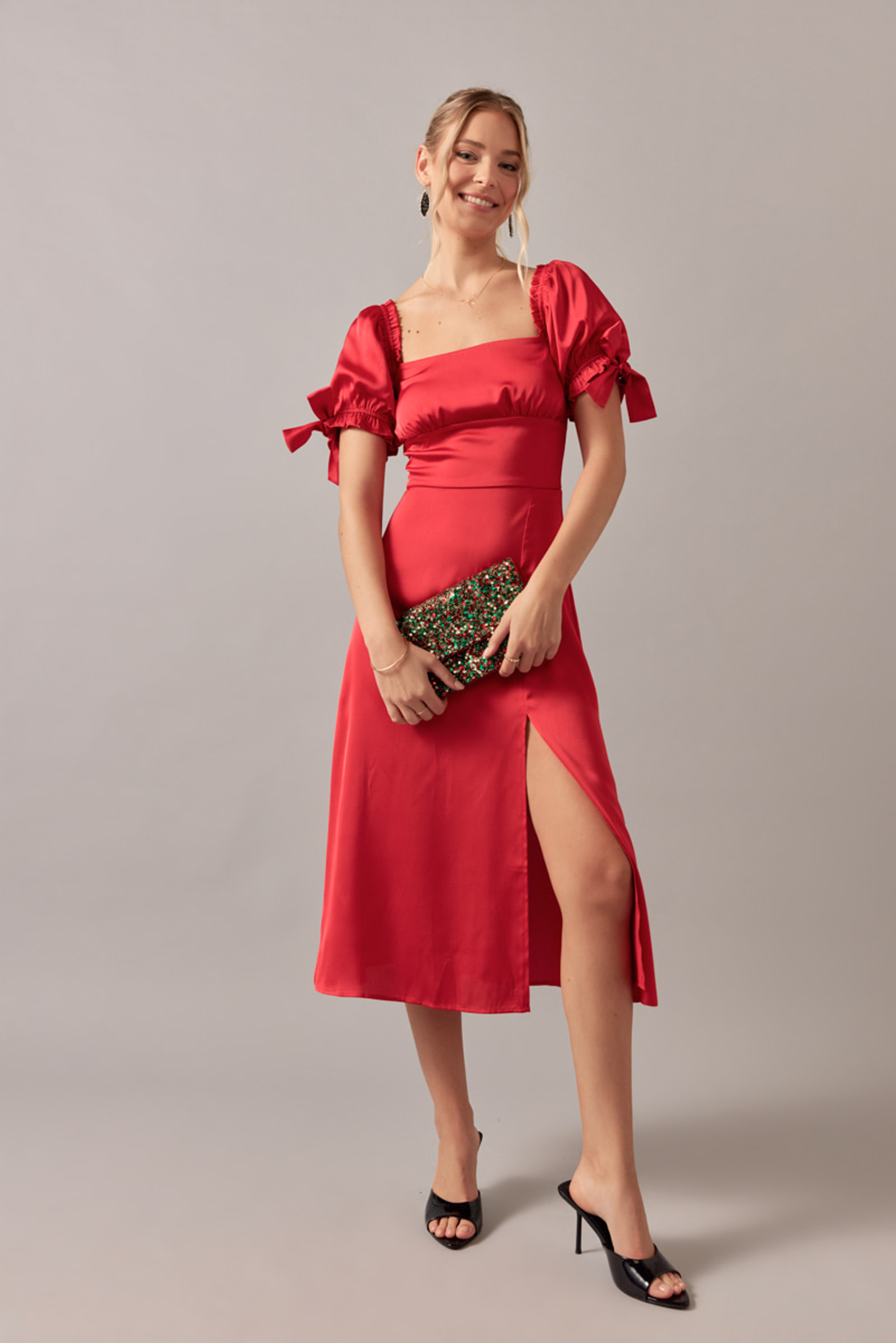 Krista Tie Sleeve Waisted Midi Dress | Francesca's