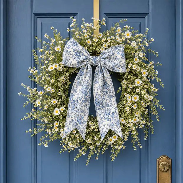 Blue and White Cotton Floral Wreath Bow | Antique Farm House