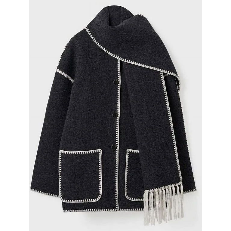 Warm Coats With Scarf Elegant Long Sleeve Pocket Single Breasted Jackets Autumn Winter Lady Loose... | Walmart (US)
