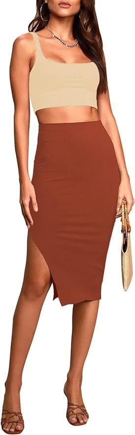 Pink Queen Women's 2 Piece Scoop Neck Sleeveless Ribbed Tank Top Bodycon Slit Midi Skirt Outfit D... | Amazon (US)