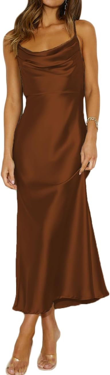 Summer Satin Spaghetti Strap Cowl Neck Backless Midi Dresses for Women Elegant Tie Low Back Ruche... | Amazon (US)