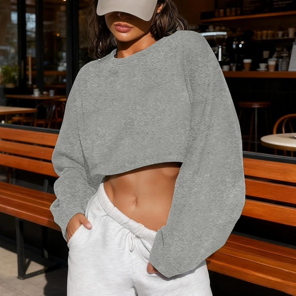 Women Sweatshirt Crop Oversized Long Sleeve Pullover Top Loose Fit Cropped Sweater Streetwear Ath... | Amazon (US)