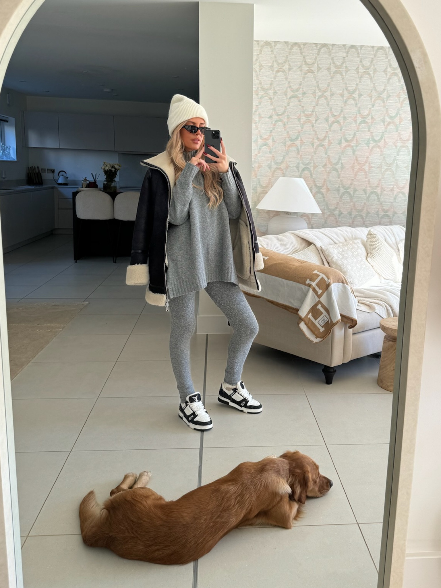 Autumn winter outfit, grey two piece set, H&M, matching leggings and jumper, aviator jacket, flying jacket, cream beanie, warm outfit, winter style 

#LTKstyletip #LTKeurope #LTKSeasonal