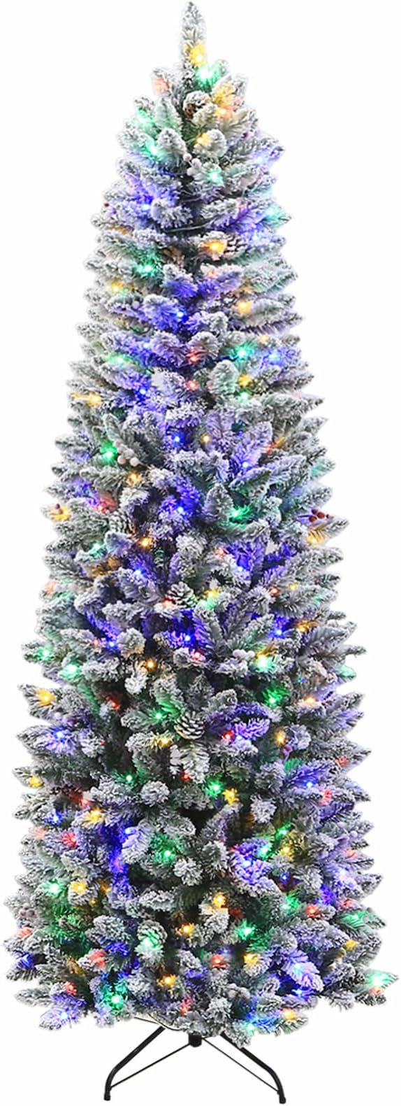 Hykolity 7.5 ft Prelit Snow Flocked Pencil Slim Christmas Tree with 300 Color Changing LED Lights... | Amazon (US)
