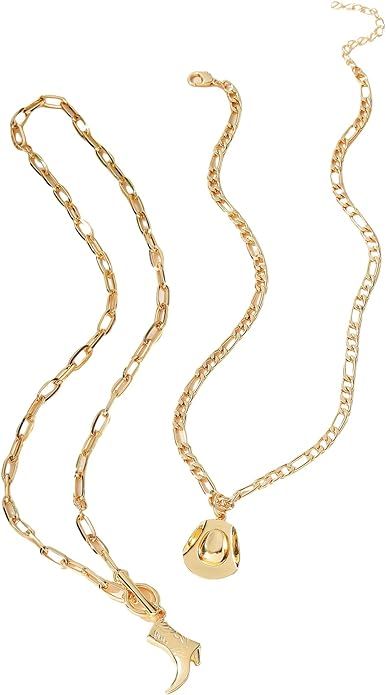 Verdusa Women's Cowgirl Hat Boots Pendant Necklace Chunky Chain Jewelry | Amazon (US)