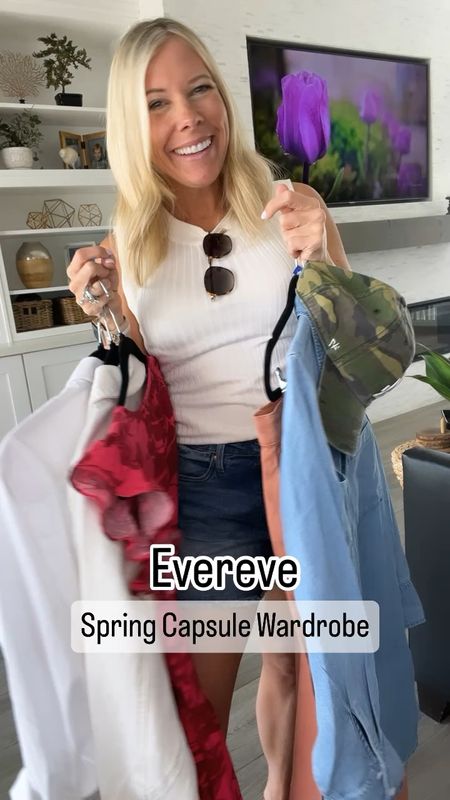 Evereve spring capsule wardrobe travel outfits. Spring dresses jean shorts shirts tops jackets 

XS tops, jacket and dresses. 26 wide leg pants. 2 jean shorts (run big I should have gotten the 0). 

#LTKSeasonal #LTKover40 #LTKstyletip