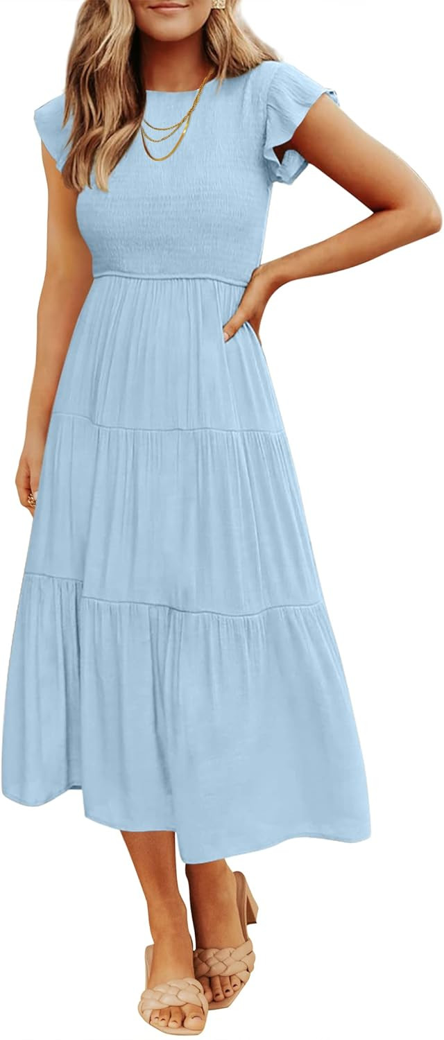 ZESICA Women's 2023 Summer Casual Flutter Short Sleeve Crew Neck Smocked Elastic Waist Tiered Mid... | Amazon (US)