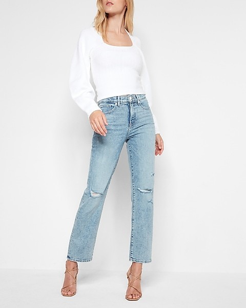 High Waisted Light Wash Ripped Straight Ankle Jeans | Express