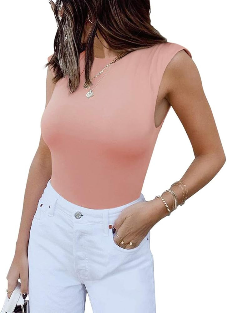 REORIA Women’s Casual Sleeveless Crew Neck Pads Shoulder Bodysuit Tank Tops | Amazon (US)