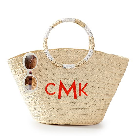 Striped Handle Straw Tote, Natural-White | Mark and Graham