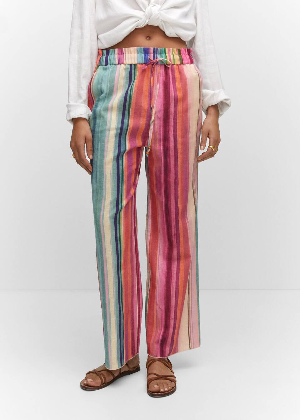 Multi-colored striped linen pants | MANGO (US)