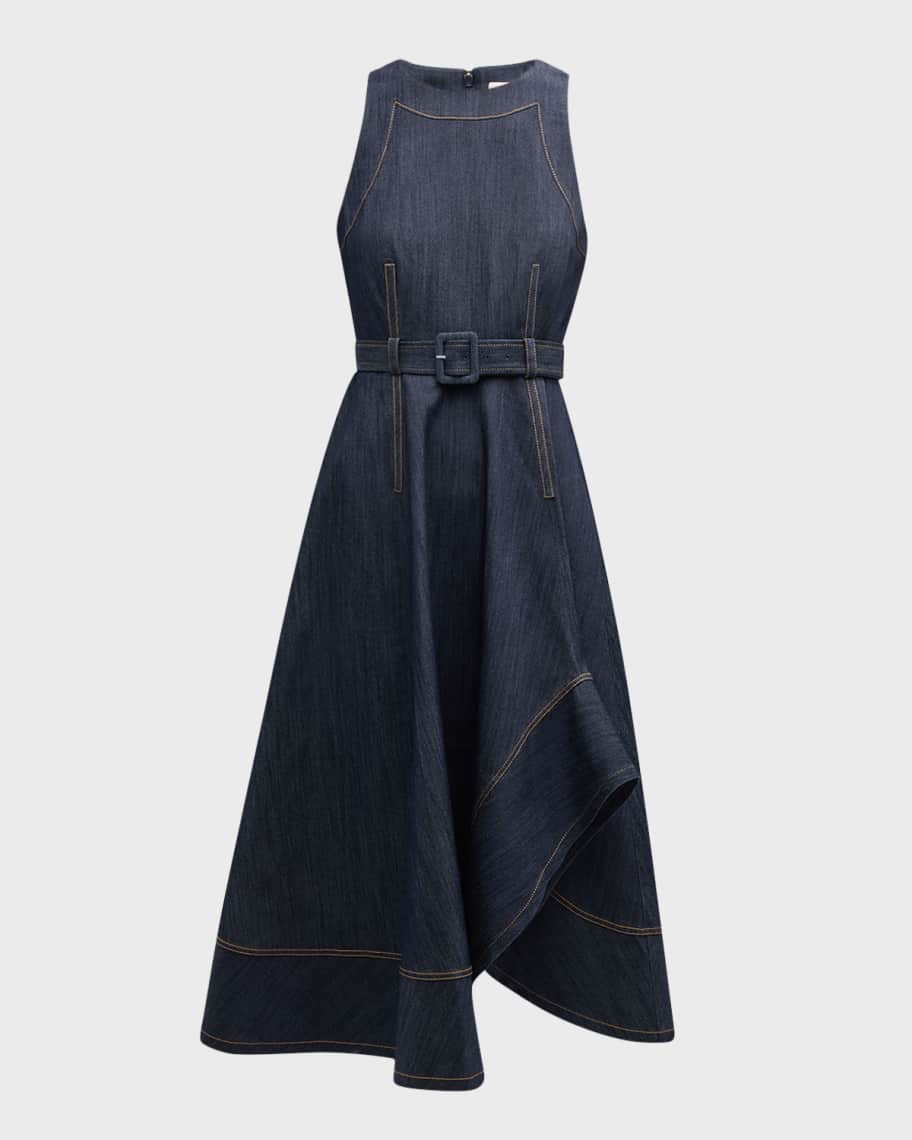 Cinq a Sept Zelda Belted Asymmetric Sleeveless Denim Midi Dress | Neiman Marcus