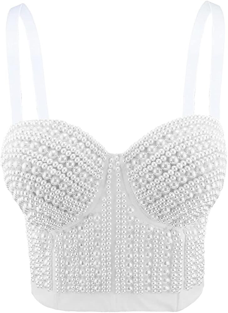 atokiss Women's Pearls Beaded Bustier Crop Top Push Up Clubwear Party Corset Top Cropped Bra | Amazon (US)