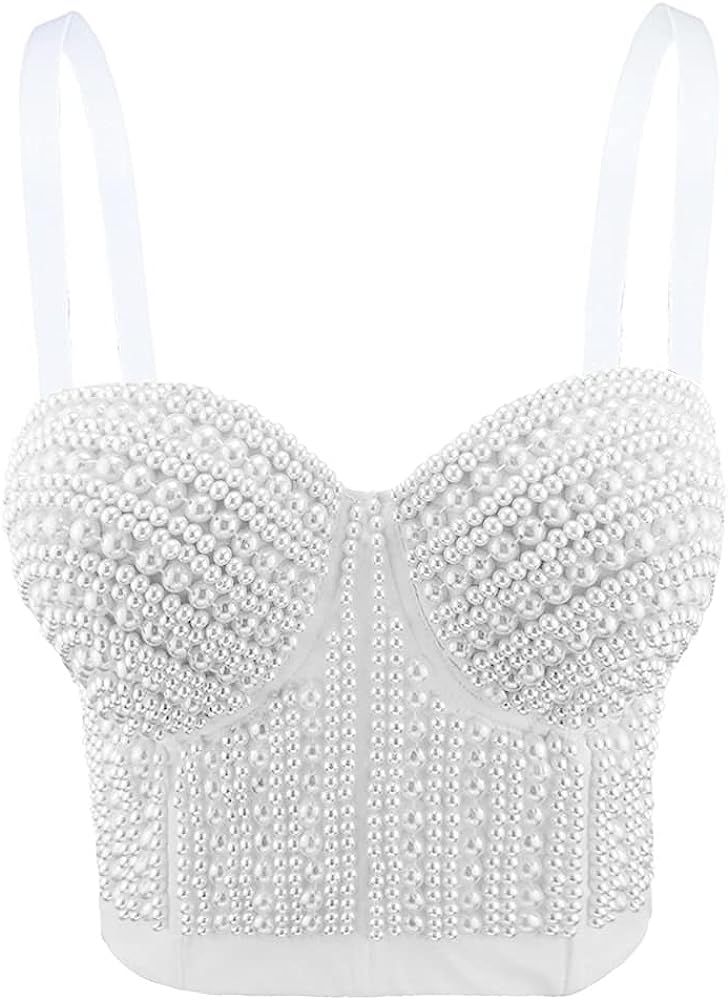 atokiss Women's Pearls Beaded Bustier Crop Top Push Up Clubwear Party Corset Top Cropped Bra | Amazon (US)
