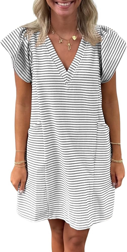 Striped V-Neck Mini Dress for Women Puff Sleeve Casual Dress with Pockets, Comfortable & Stylish ... | Amazon (US)