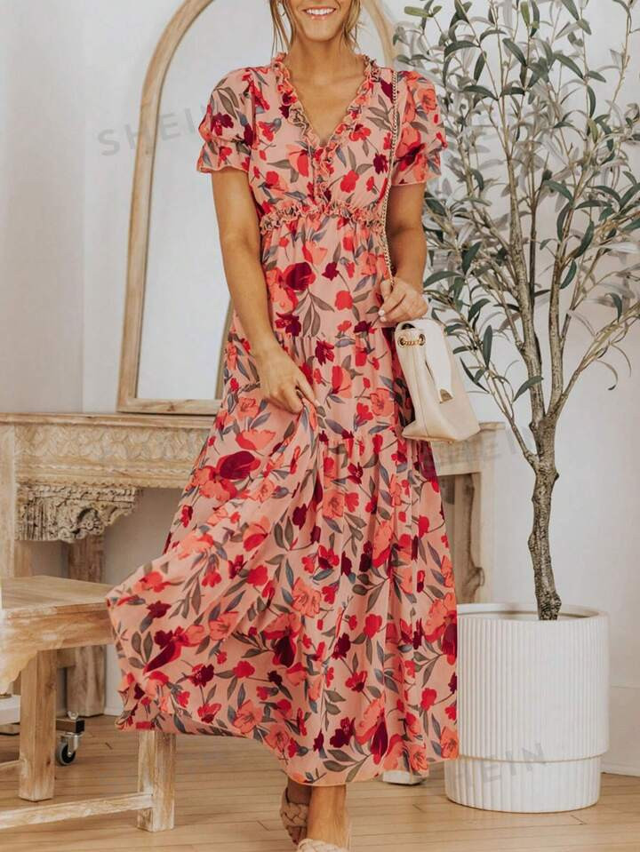 Women's Casual Boho Floral Printed Ruched V Neck Short Sleeve Long Party Maxi Dress | SHEIN