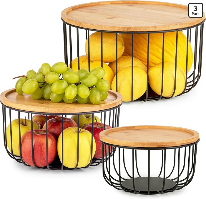 Fruit Basket for Kitchen Counter Set of 3 - Large Stackable Baskets with Bamboo Lid - Fruit Bowl,... | Amazon (US)